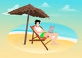 A guy play notebook on the beach Royalty Free Stock Photo
