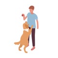 Guy playing with dog hold ball vector isometric illustration. Colorful owner and pet having fun together isolated on