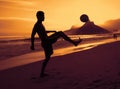 Guy playing soccer at beach at Rio de Janeiro Royalty Free Stock Photo