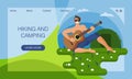 Guy plays guitar in hiking, camping on flowering meadow. Banner for tourism site