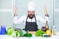 Guy in professional uniform ready cook. Master chef concept. Culinary challenge. Chef handsome hipster. Get ready. Man Royalty Free Stock Photo