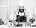 Guy in professional uniform ready cook. Master chef concept. Culinary is exciting. Chef handsome hipster. Get ready. Man Royalty Free Stock Photo