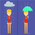 Guy on rainy day, Happy guy holding umbrella on rainy day, Unhappy guy stand in the rain, Two feeling of guy character,bad day