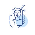 Guy receiving likes of dating app. Male user profile. Hand holding smartphone. Pixel perfect, editable stroke line icon