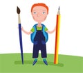 A guy with red hair and a school backpack behind his back holding a pencil and a brush Royalty Free Stock Photo