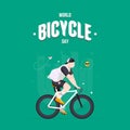 Guy riding a bike and listening to music square vector illustration. World bicycle day on June 3