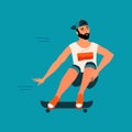 Guy Riding Skateboard. Skateboarder With Beard In Modern Clothes and Cap Preparing to Jump. Card, Poster or Web Design