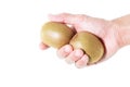 A guy's hand holding two fresh kiwi fruits on white background Royalty Free Stock Photo