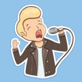 Guy sing into the microphone sticker, cartoon character, hand drawing. Boy with hair laid in a coc in leather jacket holds a