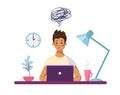 The guy sits at a desk with a computer and thinks about the difficulties encountered. Concept illustration, boy unhappy