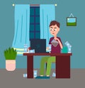 Guy sits at laptop and drinks lot of coffee, sleepless night, staying up late at tablet. Flat image