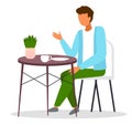 Guy sits at round coffee table and drinks tea, green potted plant. Stay home. Flat illustration