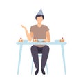 Guy Sitting Alone At Festive Table And Drinking Tea With A Cake Vector Illustration Isolated On White Background