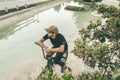 Guy sitting on a bmx bike in the city Royalty Free Stock Photo