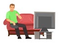 Guy is sitting on couch. Young handsome handsome boy watching TV. Resting. In jeans, a T-shirt and sneakers. Single