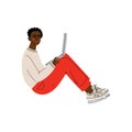 Guy Sitting on Floor with Laptop, Young African American Man Working or Relaxing Using Computer Vector Illustration Royalty Free Stock Photo