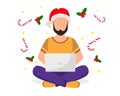 The guy is sitting at his laptop in a Christmas hat. Work on holidays. Online work in the New Year. Vector illustration Royalty Free Stock Photo