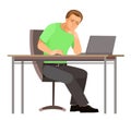 Guy is sitting at table. Young handsome handsome boy at computer. Upset. In jeans, T-shirt and sneakers. Tired. Single