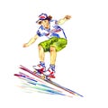 Guy on skateboard, colorful palette splashes isolated on white background