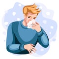 Guy sneezes, illness, respiratory disease. Bad feeling