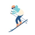 Guy in snow suit skiing. Man on skis, sportsman or freerider taking part in downhill or slalom competition. Extreme