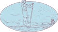 Guy Stand Up Paddle Tropical Island Oval Drawing