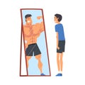 Guy Standing in Front of Mirror Looking at His Reflection and Imagine Himself as Muscular Attractive Athlete, Ordinary