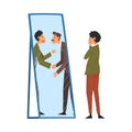 Guy Standing in Front of Mirror Looking at His Reflection and Imagine Himself as Successful, Ordinary Man Seeing Himself