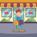 Guy standing on street near entrance to store. Cartoon male character with shocked face expression with lots of shopping