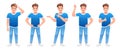 The guy is standing thinking about something, pointing at something, dissatisfied, showing a like