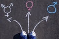 The Guy Standing With Transgender, Male And Female Gender Symbols Drawn On Asphalt Road. Overhead view Royalty Free Stock Photo