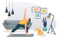 Guy stands in triangle pose. Home yoga exercise practice. Man and cat training in modern loft room. Vector illustration