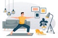 Guy stands in a warrior pose. Home yoga exercise practice. Man and cat training in modern loft room. Vector illustration