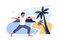 Guy stands in a warrior pose on sea beach. Outdoor yoga exercise practice. Vector cartoon character illustration