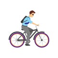 Man in sunglasses and backpacks riding bicycle isolated on white background