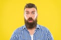 Guy surprised face expression. Hipster with beard and mustache emotional surprised expression. Rustic surprised macho Royalty Free Stock Photo