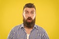 Guy surprised face expression. Hipster with beard and mustache emotional surprised expression. Rustic surprised macho Royalty Free Stock Photo