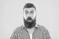 Guy surprised face expression. Hipster with beard and mustache emotional surprised expression. Rustic surprised macho Royalty Free Stock Photo