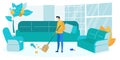 Guy Sweeping Living Room Flat Vector Illustration