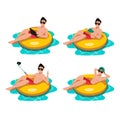 Guy swiming on yellow inflatable ring in swimming pool. Vector cartoon illustration. Summer vacation design elements