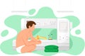 Guy in swimsuit after bath is looking at stack of green cloth. Sewing machine vector illustration