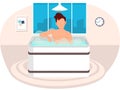 Guy takes bath with hot steam. Male character sitting in jacuzzi. Person cleans skin in bathroom