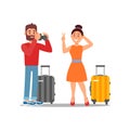 Guy taking photo of his girlfriend. Tourists with suitcases on wheels. Young couple on vacation. Flat vector design