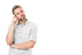 Guy thoughtful touches his temple. Think to solve. Man with bristle serious face thinking white background. Thoughtful