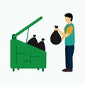 Guy throwing trash bags into container vector