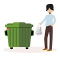 The guy throws the waste package into the garbage can. Flat character isolated on white background. Vector, illustration