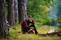 Guy with tired face and lonely at picnic or barbecue. Royalty Free Stock Photo