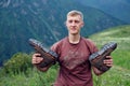 Guy with tourist boots Royalty Free Stock Photo