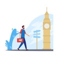 Guy travels England among popular tourist locations and landmarks color 2d vector graphic