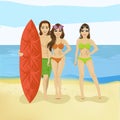 Guy and two girls with surfboard on the sea ocean beach Royalty Free Stock Photo